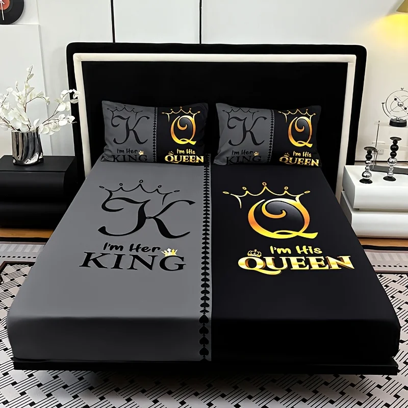 

Super Soft Breathable Black Grey Color Blocking Crown Letter Bed Sheet Deep Pocket Mattress Protector Bedroom Room Decor