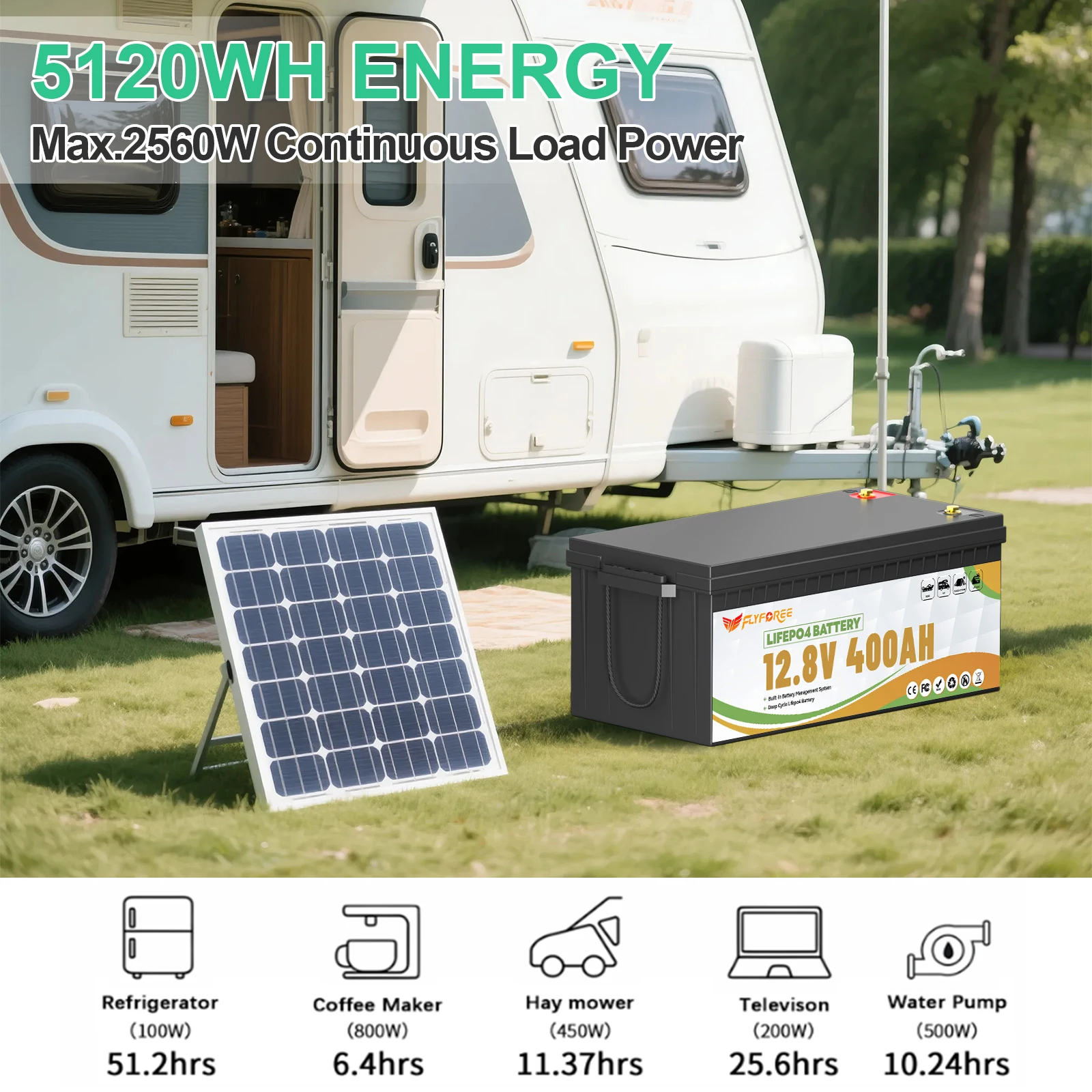 FLLYROWER 12V 400Ah LiFePO4 Lithium-Batteriepack mit BMS 200A für Heimenergiespeicher, Wohnmobil, Offroad, Outdoor, Trolling-Motor – Detail 11