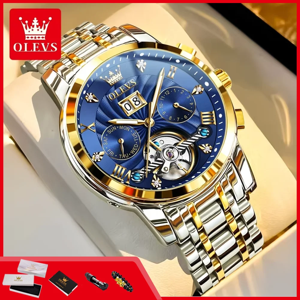 OLEVS 9910 Men's Automatic Watches Stainless Steel Skeleton Flywheel Mechanical Watches for Man Date Waterproof Man Wristwatches