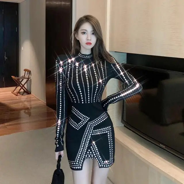 Korejepo High End Celebrity Tide Dresses 2024 Spring Autumn Fashion Design Skinny Diamond Shiny Dress Dress Bottom Short Skirt