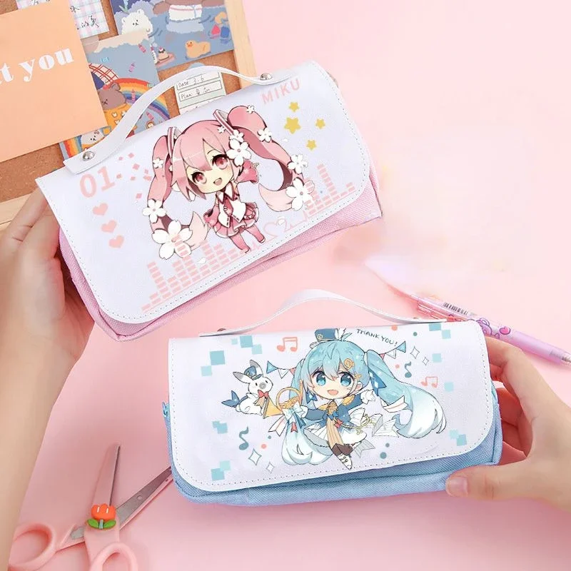 Cute Hatsune Miku sweet creative cartoon picture peripheral pencil case large capacity portable PU flip cover stationery box