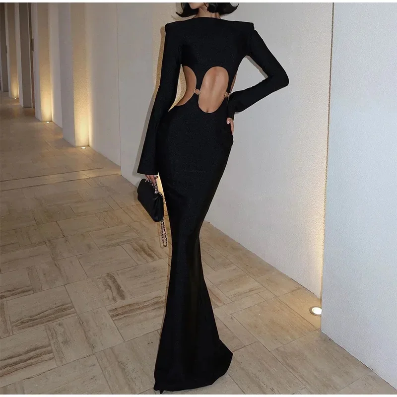 Hollow Metal Ring Round Neck Maxi Dresses Women Sexy Slim Solid Long Sleeved Shoulder Pad Vestidos 2024 Lady Evening Party Robes