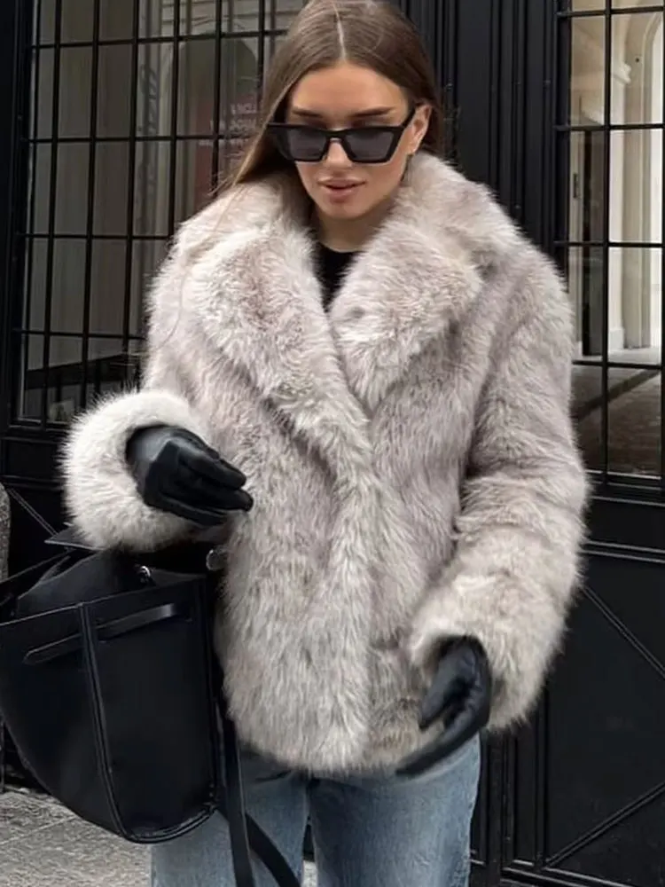 HH Female Elegant Solid 3-Color Faux Fur Effect Long Sleeve Cardigan Coat Winter Women's High Street Pockets Coat Mujer