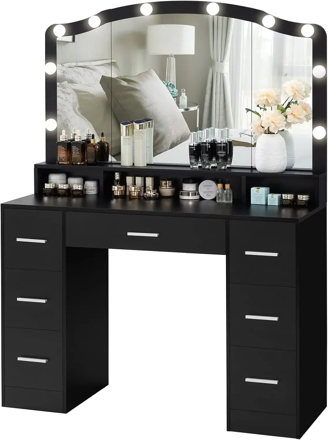 Usikey 43.3 "Vanity Desk con grande specchio illuminato, tavolo da trucco con 7 cassetti e 10 lampadine, 3 colori di illuminazione,