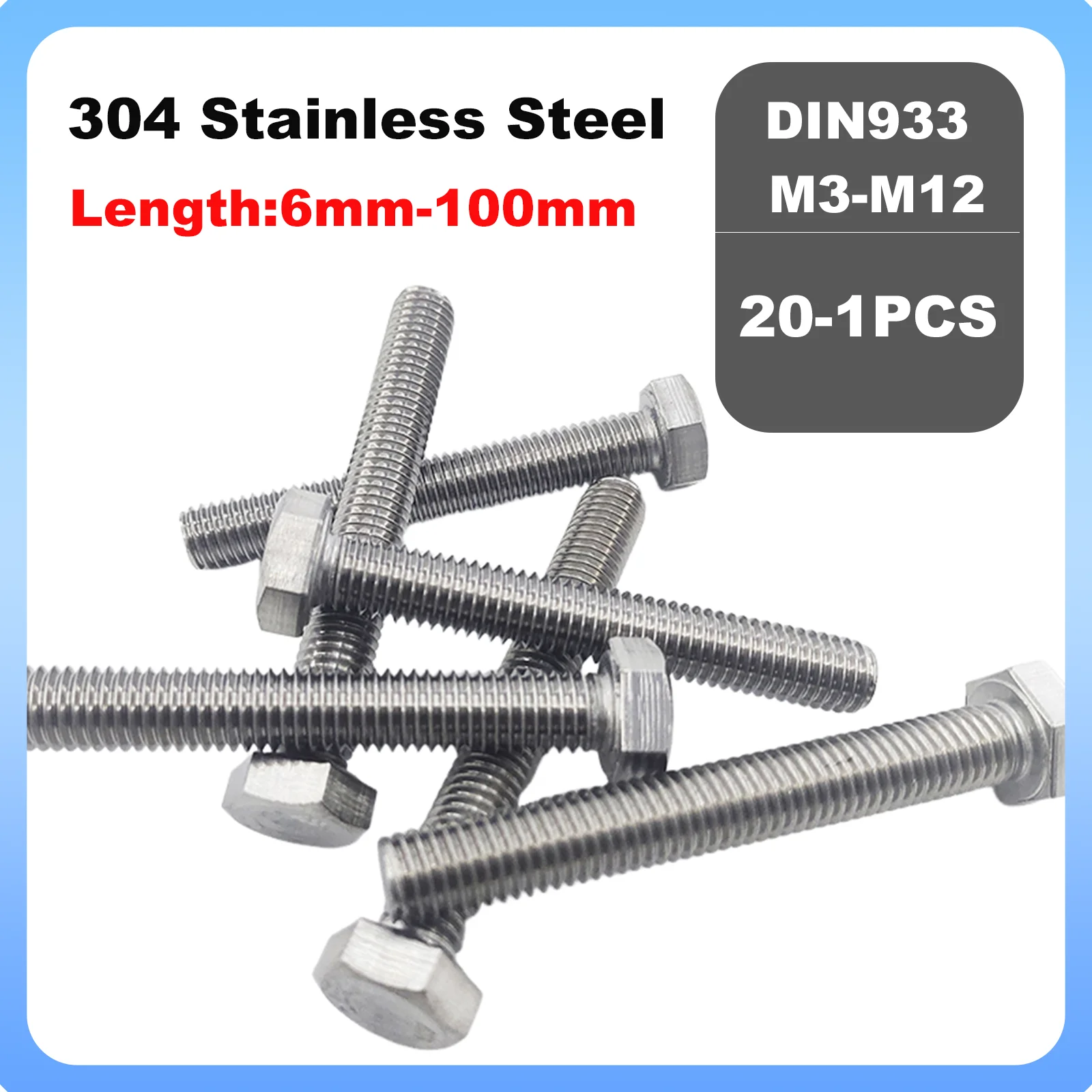 1/20Pcs M3 M4 M5 M6 M8 M10 M12 DIN933 GB5783 304 Stainless External Hex Full Thread External Outside Hexagon Head Cap Screw Bolt