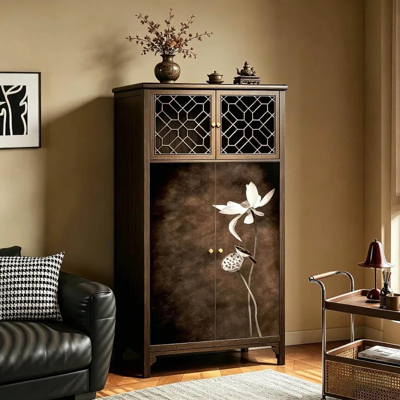 For solid wood hollow wardrobe living room entrance retro lotus picture storage home locker