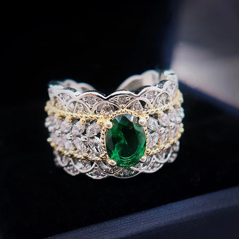 Huitan Women Resizable Rings with Green Cubic Zirconia Two Tone Luxury Fashion New Rings for Female Wedding Party Modern Jewelry
