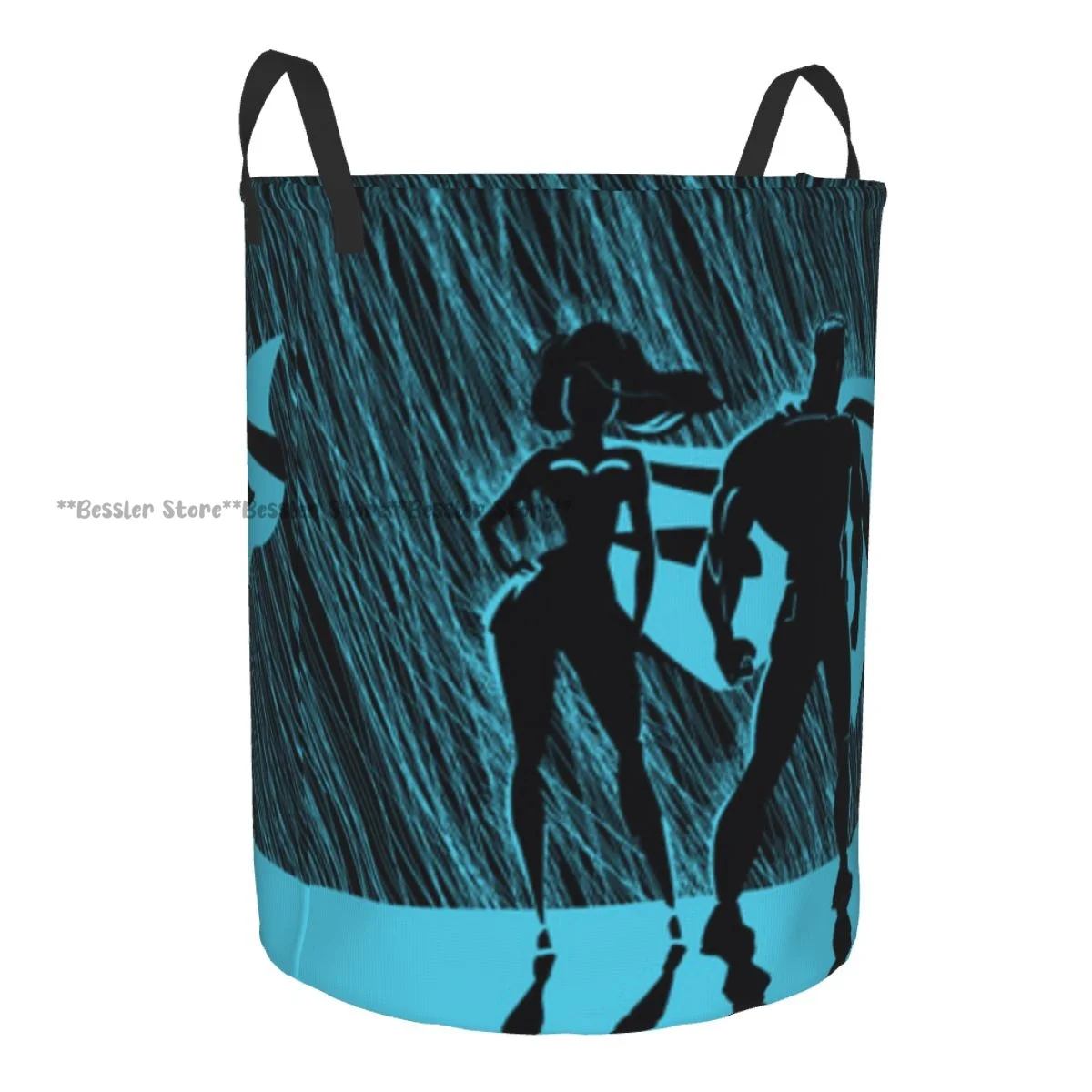 Dirty Laundry Basket Superhero Couple Male And Female Posing In Front Of Rain Background Folding Clothing Storage Bucket