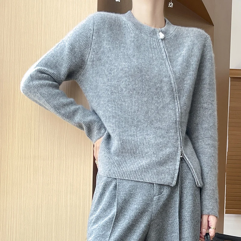 Fashion Women Diagonal Zipper Cardigan Cashmere Long Sleeves Sense 100% Merino Wool Sweater Clothing Top Casual Solid Color