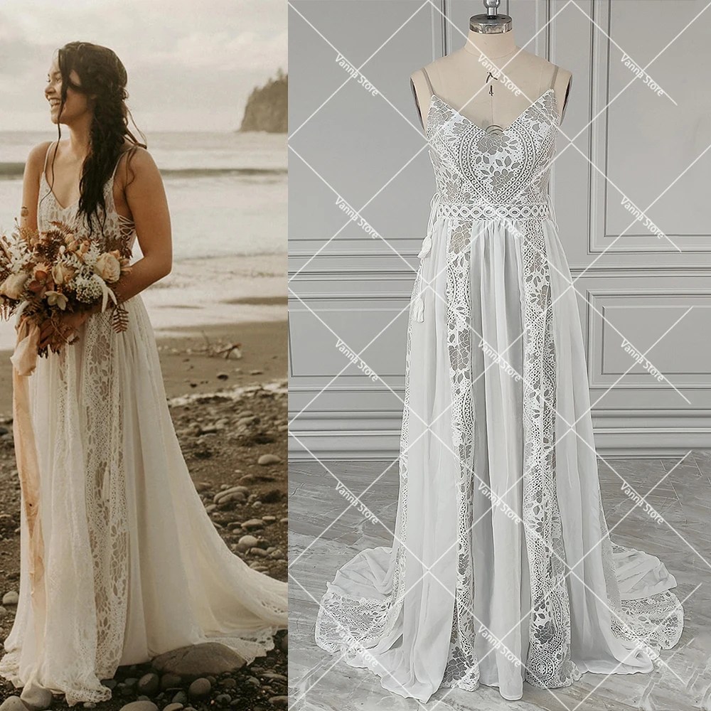 Robe de mariée en mousseline de soie, style bohémien, bretelles Spaghetti, dos nu, découpe à lacets, col en V, grande taille, livraison directe