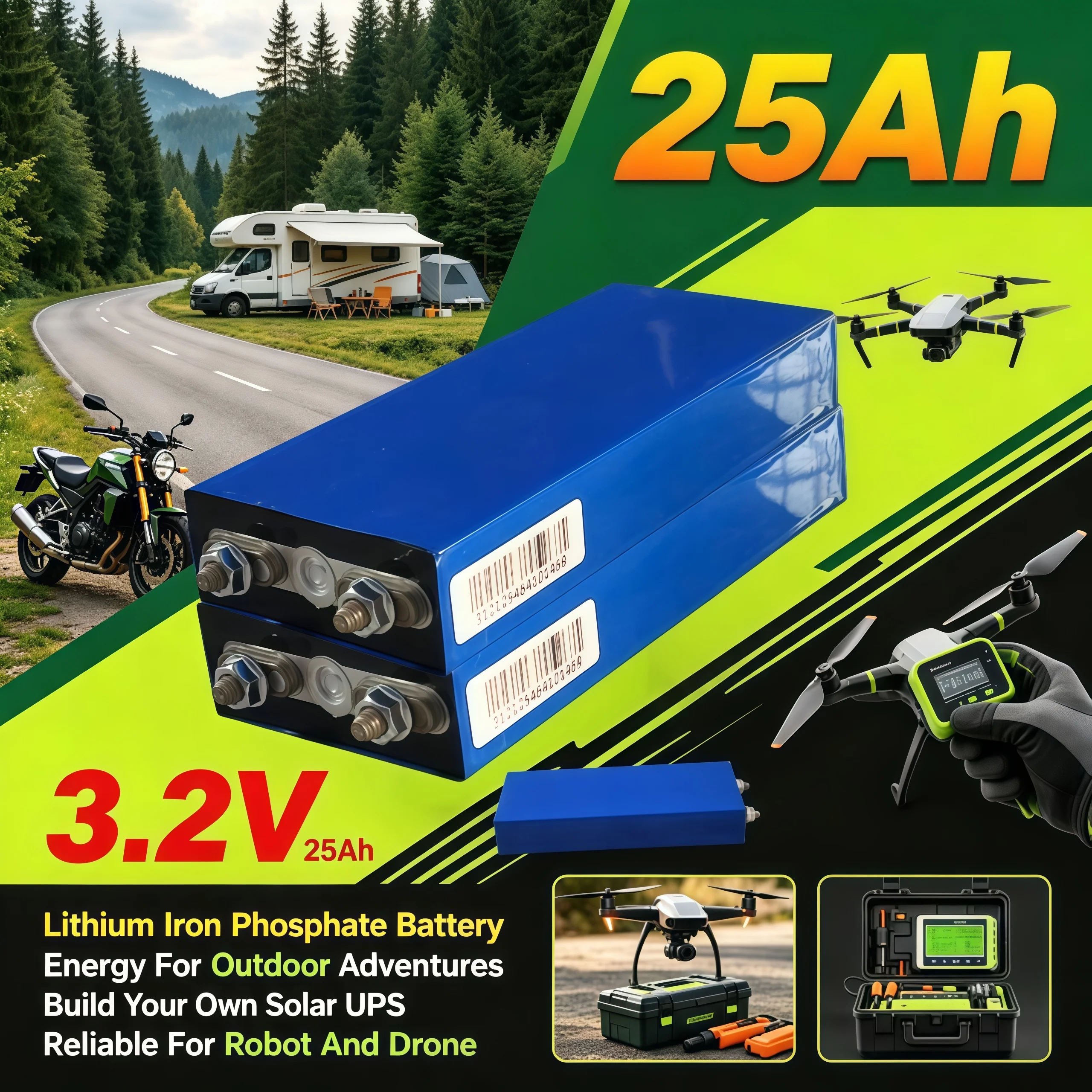 Lithium Iron Phosphate 3.2V 25Ah Battery Cell Deep Cycle DIY Build 12V‑48V Solar Energy Outdoor EV Boat Power Supply