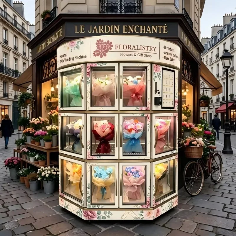 Europe Flower Vending Machine 11 Bouquet Cabinets Outdoor Compressor Cooling Smart Touch Screen Customizable Multiple