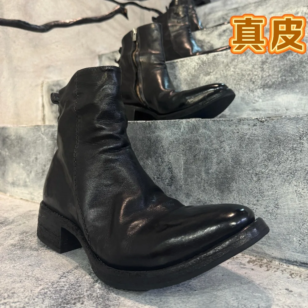 Fashion Leather Motorcycle Boots Upright Pleated Side Zipper Walking Boots Black Thick Sole Versatile Western Chelsae Boots