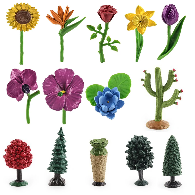 8pcs/set Realistic Trees Flowers Miniature Plants Daffodil,Rose,Tulip,Elm,Maple Model Montessori Figure Scenery Cognitive Toys