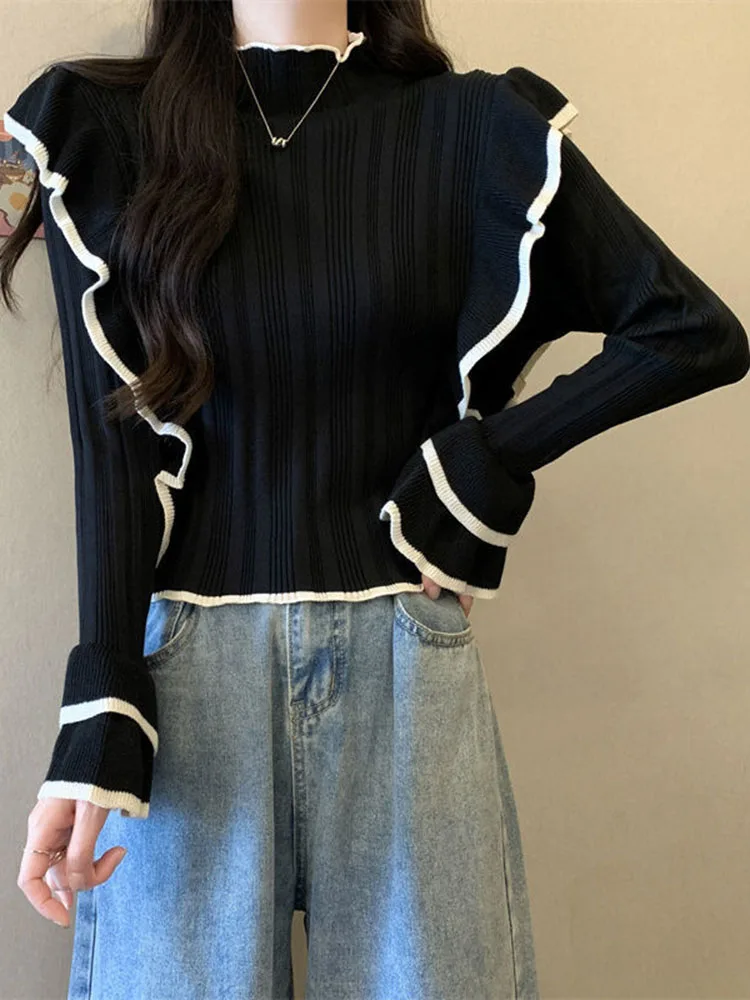 Jmprs Ruffles Sweet Knitted Sweaters Women Casual Long Sleeve Elegant Pullovers Korean Fashion Mock Neck Slim Solid Jumper Tops