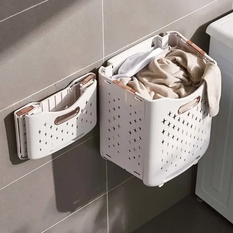 

Hollow Laundry Dirty Wheels Baskets With And Plastic Basket Portable Out Folding Wall Handle Clothes Bathroom Mounted Organizer