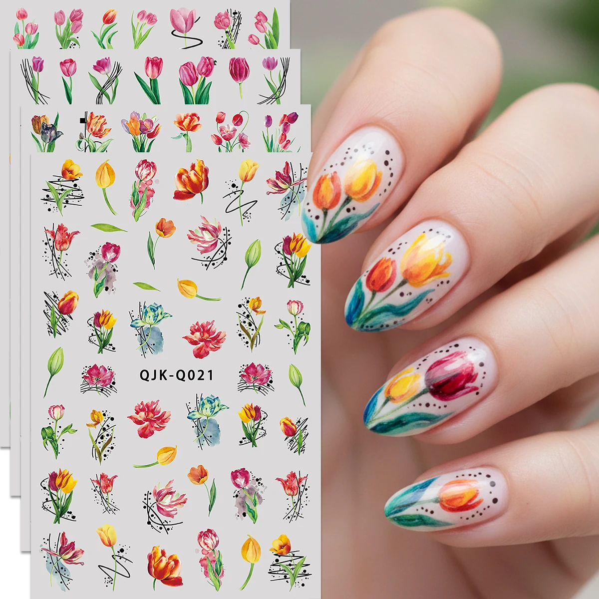 4Pcs Monet Garden Tulip Nail Stickers, Watercolor Style Multicolor Floral Decals, Pink Red Yellow Flower Nail Art, DIY Manicure