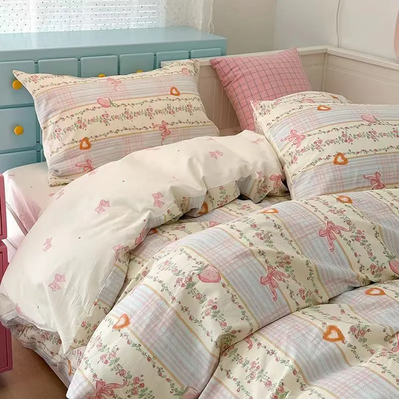 

Pink Strawberry Bedding Set Soft 3/4pcs Bed Sheet Flower Duvet Cover Pillowcase Double Queen Home Textiles For Child Girls