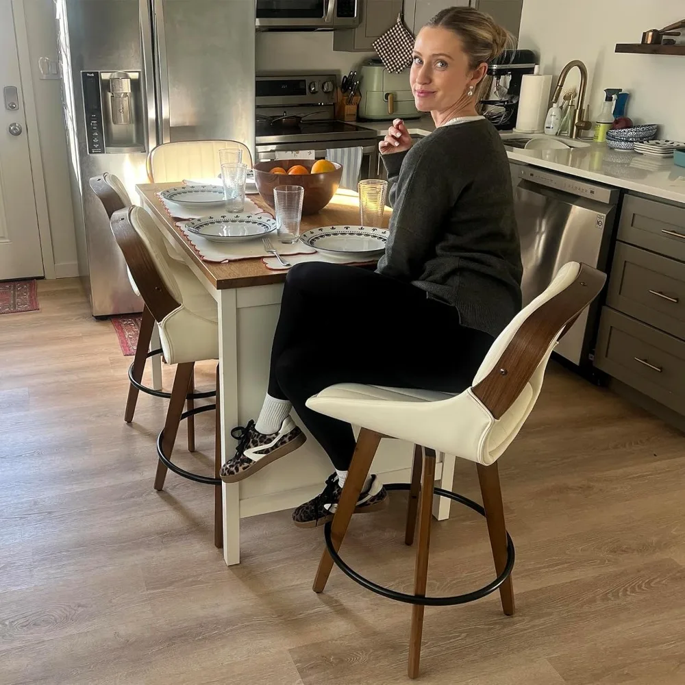 ชุดเก้าอี้บาร์สไตล์โมเดิร์น 2 ตัว – ความสูงเคาน์เตอร์ 26.4 นิ้ว ดีไซน์แบบหมุนได้ และเบาะหนังเทียม สไตล์กลางศตวรรษ ​