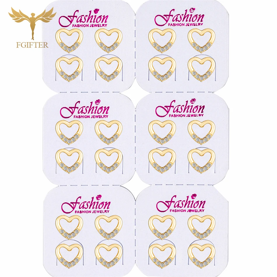 

12 Pairs Pack Shiny Crystal Heart Stud Earrings Set for Women Stainless Steel Jewelry Golden Ear Studs Wedding Accessories Gifts