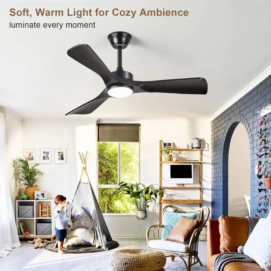 مروحة سقف خارجية منخفضة المستوى مقاس 42 بوصة مع ضوء وتحكم عن بعد في التطبيق للفناء وغرفة المعيشة تصميم حديث 3 شفرات هادئ R