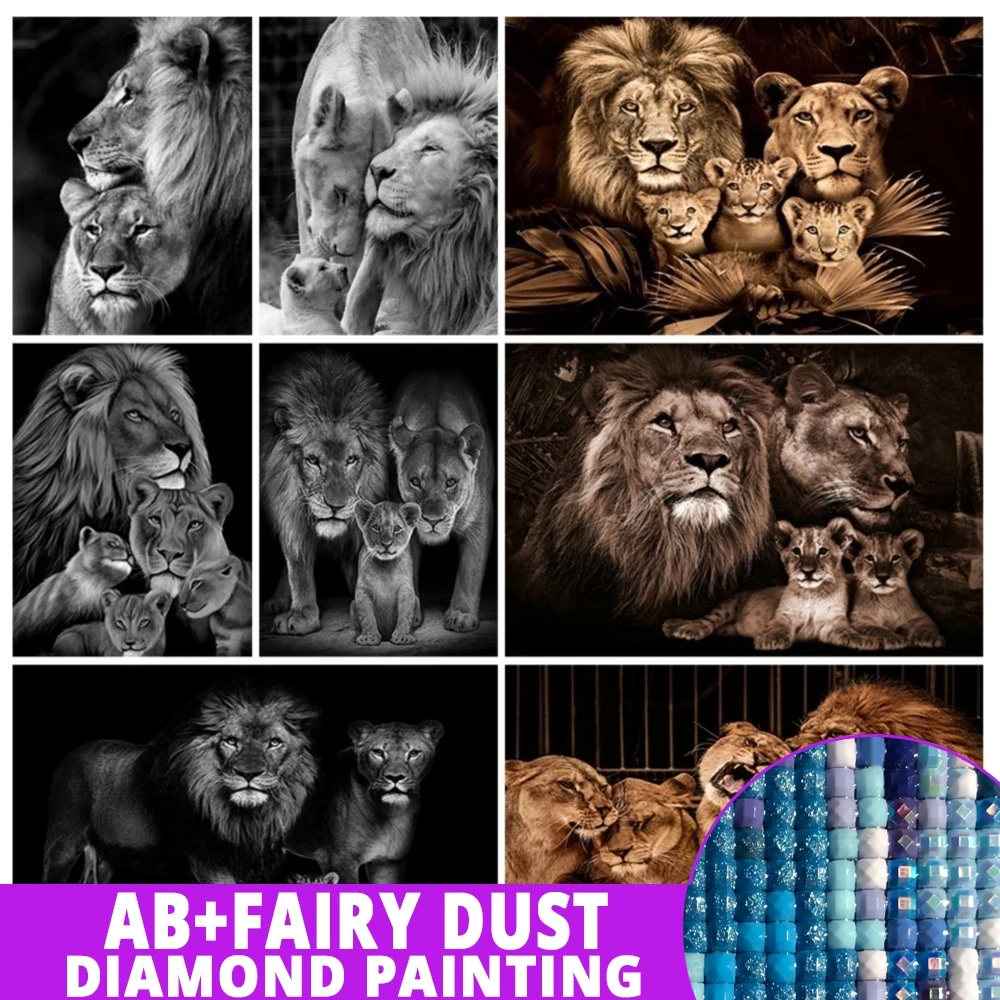 AB Diamond Painting Fairy Dust 5d Lion Family African Wildlife arte in bianco e nero mosaico completo punto croce kit artigianato