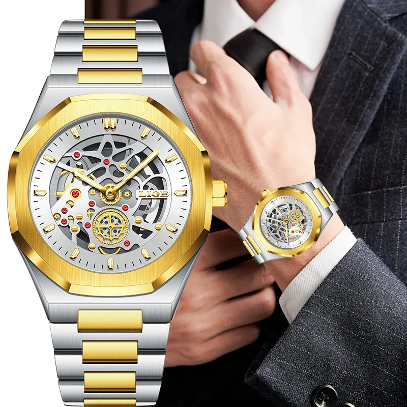LIGE Top-Marke Luxus Quarz Herrenuhr Skelettierte Business Casual Mode Edelstahl Wasserdichte Leuchtende Uhren Herren Chronograph+Box