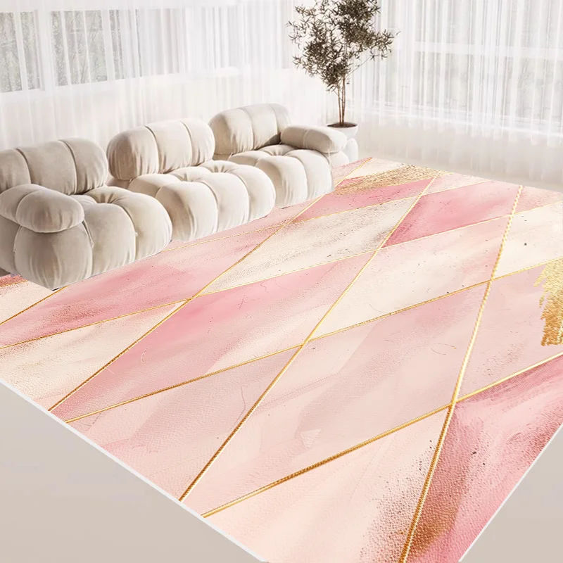 Tapis Géométrique Rose de Grande Surface, Décoration de Luxe, pour Salon, Chambre de Fille, Maison, Chambre à Coucher, Polymère de Sol, Lavable