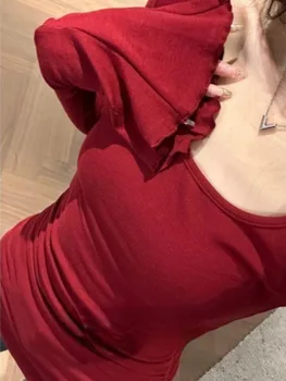 Süße Vintage Quadrat Kragen T-shirts Y2k E-Girl Slim Fit Geraffte Bodenbildung Tops Frauen Frühjahr Neue Flare Hülse t-shirt