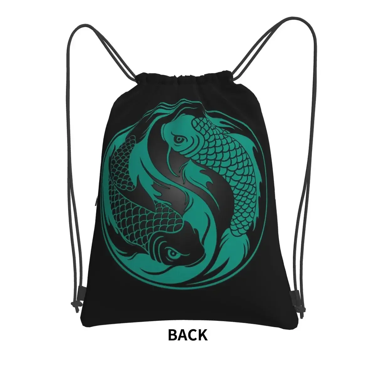 Teal Blue And Black Yin Yang Koi Fish Backpacks Drawstring Bag Drawstring Bundle Pocket Shoes Bags For Travel Sport Man Woman