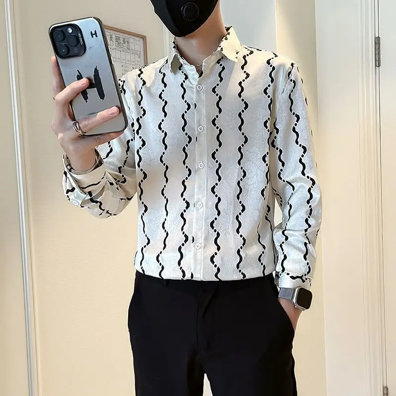 

Мужская полосатая рубашка с длинным рукавом, повседневная с цветочным принтом на весну и осень