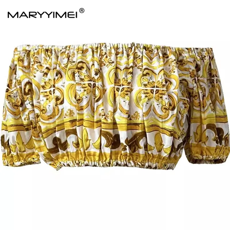 MARYYIMEI Fashion Design Summer Women\'s Suit Slash Neck Short-Sleeved Tops+Pleated Skirt Baroque printed Cotton Two Piece Set