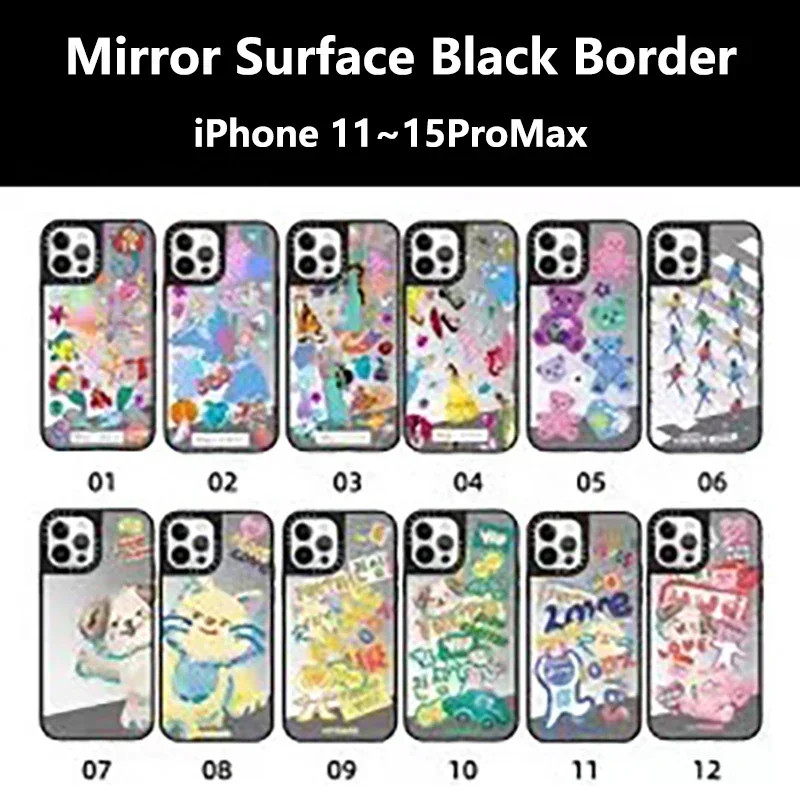 Cute Cartoon Mirror Surface Black Border Engraved Letters Phone Case Cover for IPhone 11 12 13 14 15 Pro Max Case with MagSafe