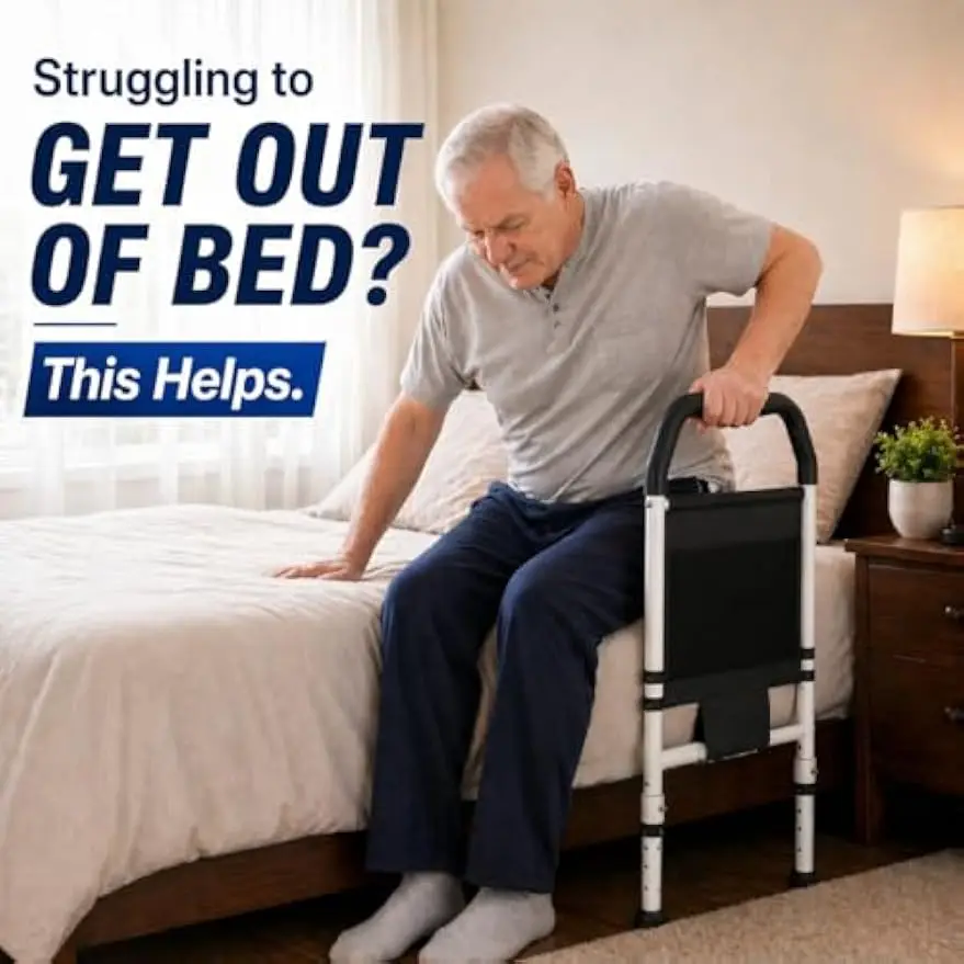 Bed Rails for Elderly Adults Safety, YL-01 Adjustable Bed Assist Rail for Seniors with Non-Slip Ergonomic Handle, Support Leg & Storage Pocket, Fall Prevention Bed Cane, ASTM Certified
