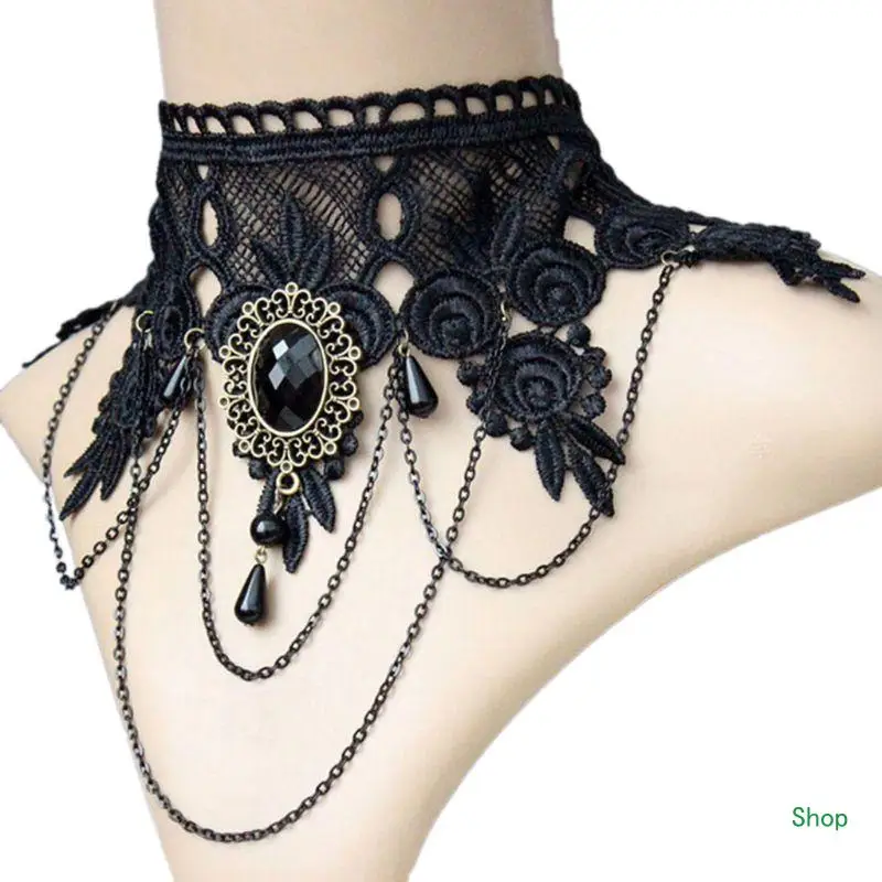 Dropship Halloween seksowne gotyckie chokery kryształowe czarne koronkowe obroże na szyję Choker naszyjnik stylu Vintage klin