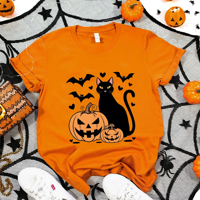 

Black Cat Halloween Print Women's Summer T-shirt Casual Clothing Oversized Y2k Personality Short Sleeve Tops Spooky Season Tees