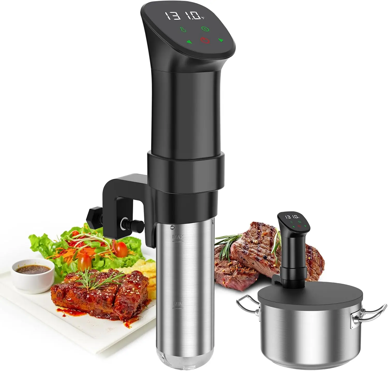 Suvee 1000W Sous Vide Set, Fast Heat Immersion Circulator, Precise Temp & Timer, Digital Touch Screen, Stainless Steel US Standard, with Lid & Recipes