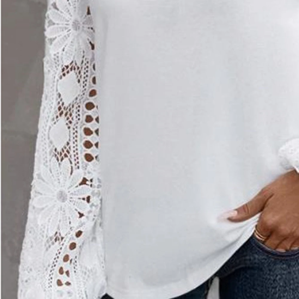 White Skew Collar Lace Patchwork Shirt Blouse Women Spring Autumn Lantern Sleeve Hollow Out Casual Shirts Top Femme