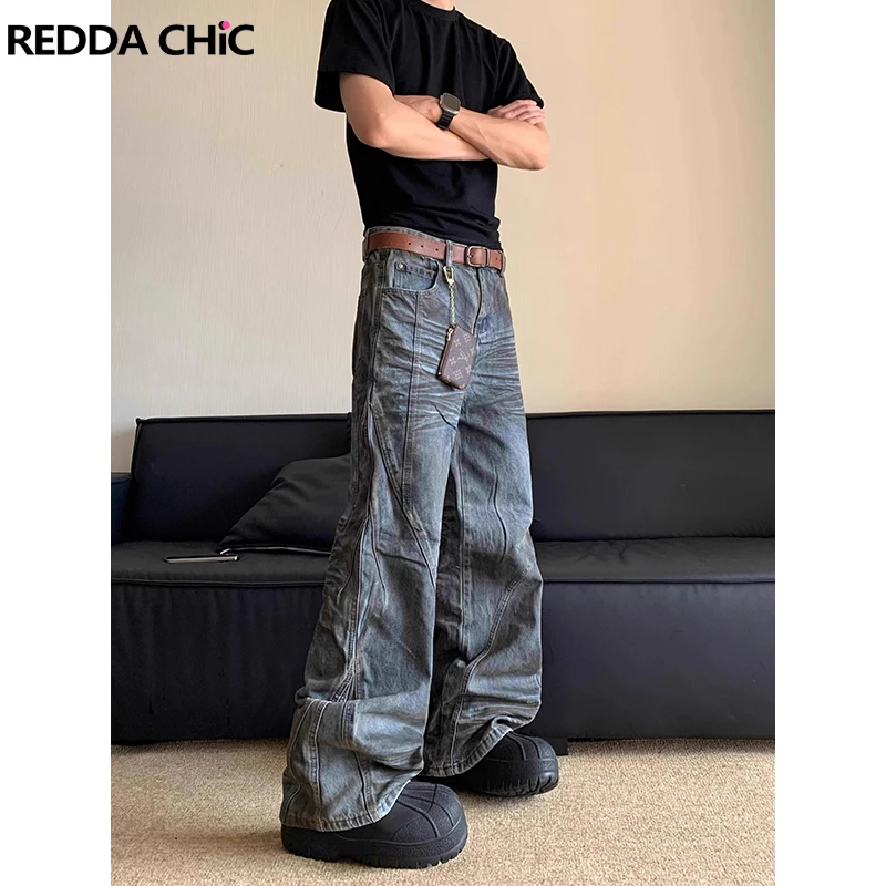 REDDACHIC Dirty Wash Men Blue Baggy Jeans Retro Patchwork Whiskers Distressed Low Rise Loose Wide Denim Pants Hiphop Streetwear