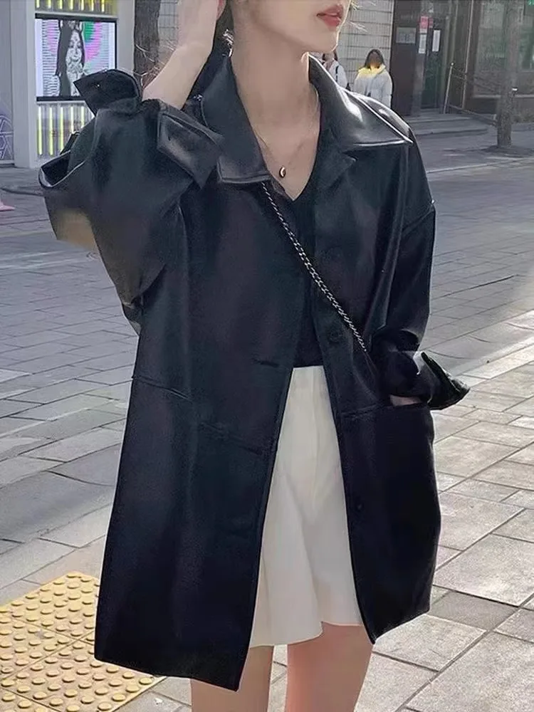 

Матовый костюм из искусственной кожи, женский костюм-джатер свободного кроя с лацканами, утягивающий модный универсальный топ-джат для повседневной носки