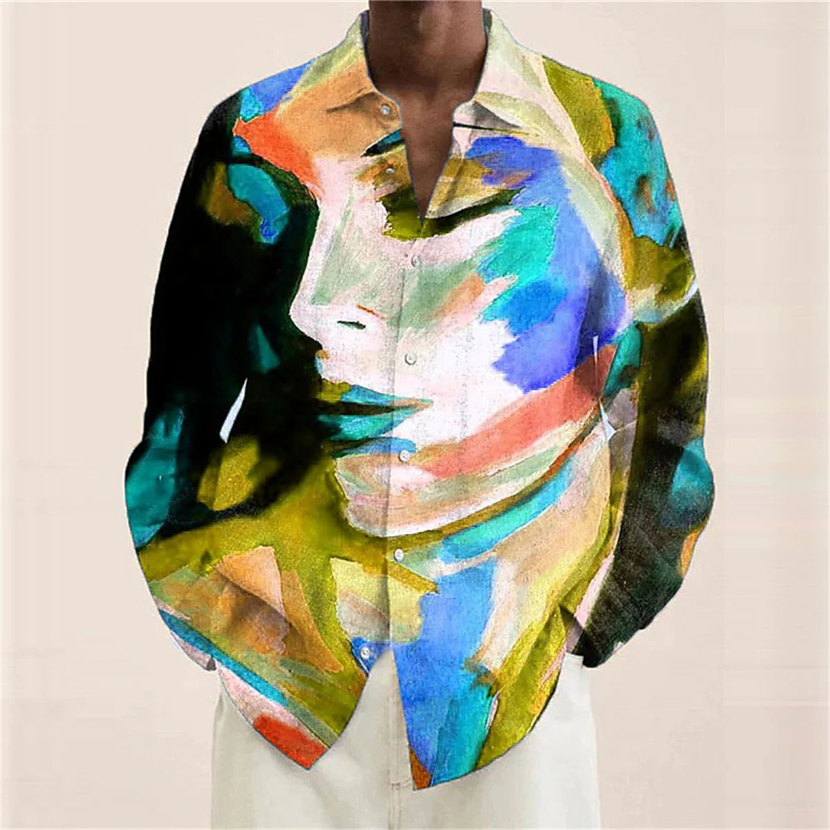 Ladies portrait pattern men\'s shirt abstract lapel 3D printing street long sleeved button clothing painting colored shirt S-6XL