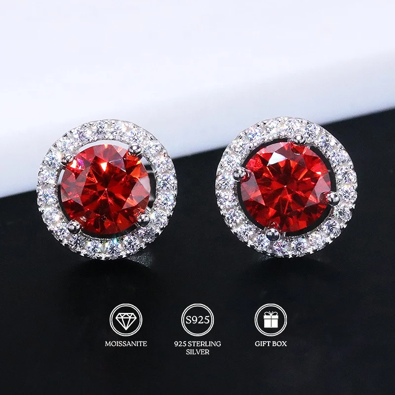 

1 Pair 0.5/1/2/3 Carat Elegant and Stylish 925 Silver Moissanite Red Stud Earrings, Special Design for Women and Men.
