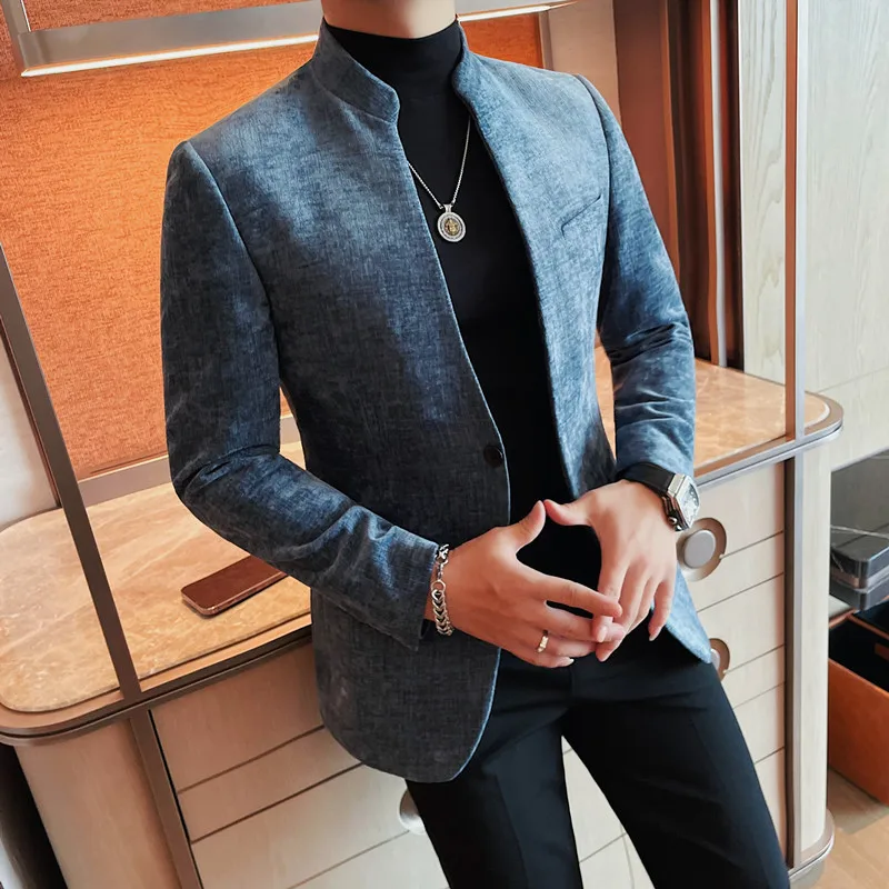 Autumn Corduroy Stand Up Collar Suit Jacket Men Slim Fit Casual Business Blazers Street Wear Social Banquet Party Suit Jackets