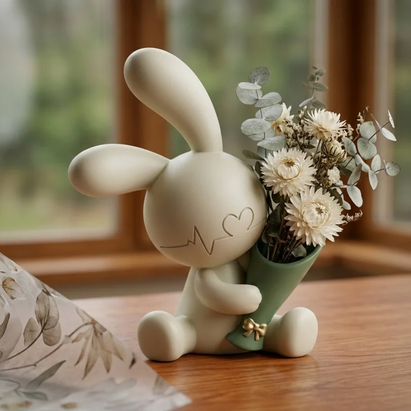 Cute Rabbit Doll Statue Resin Ornament Home Decorative Craft Tabletop Figurine Flower Arrangement Decor