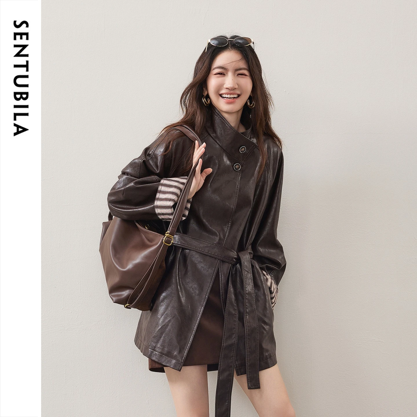 SENTUBILA Women's PU Leather Coat 2026 Autumn Detachable Waist Belt Turn‑Up Cuff Jacket Midi‑Length Vintage Outerwear W63GA8188