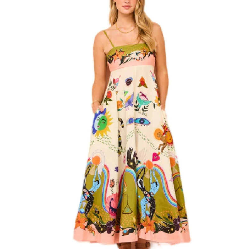 2024 New Summer Streetwear Sexy Sleeveless Slip Dress Printed Colorful Hand Painted High Waist Knee Skirts Women's Midi Dress