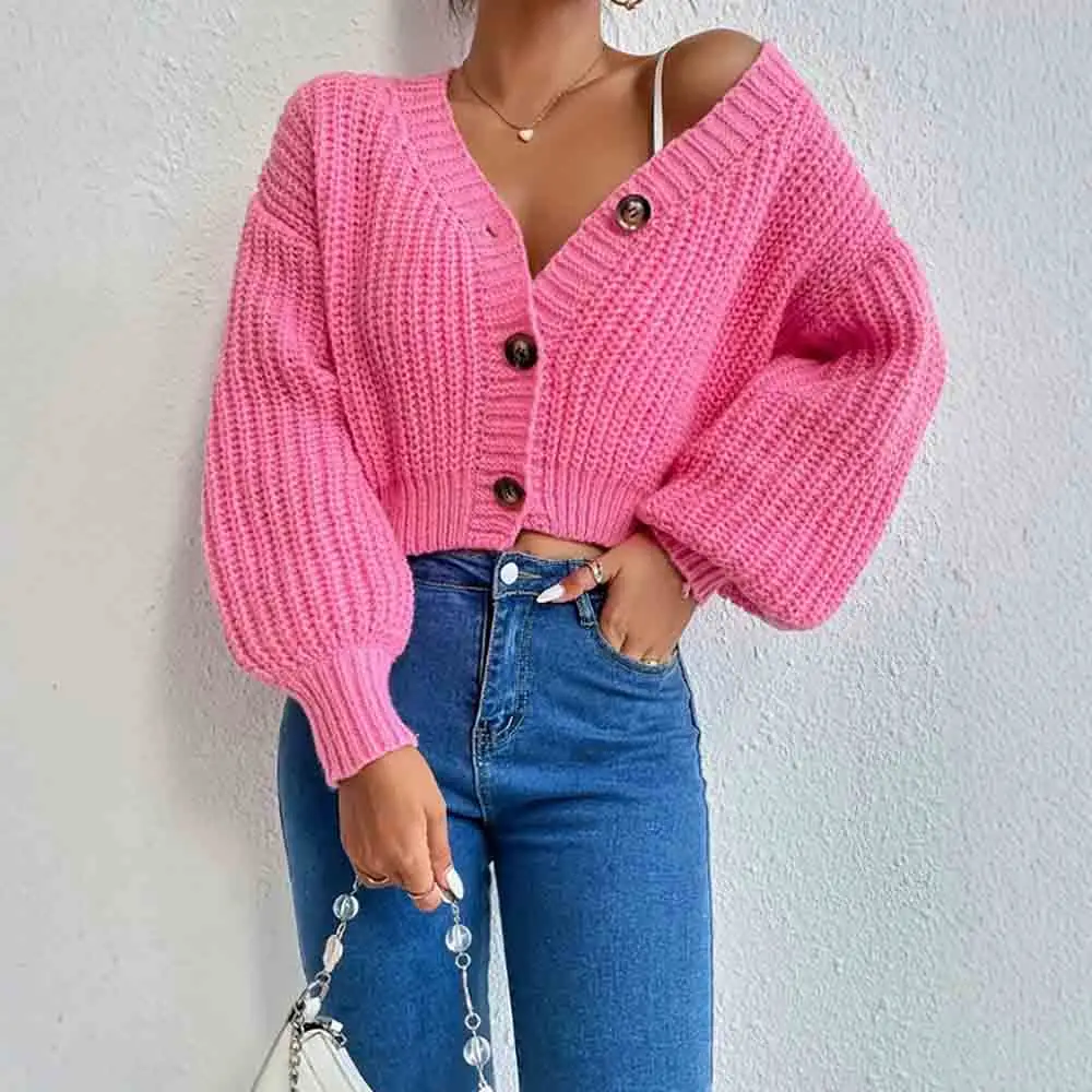 

Mia Muse Autumn Winter Cardigan 2025 Women's Chic Plain Long Lantern Sleeve Single Breasted Basics Cardigan