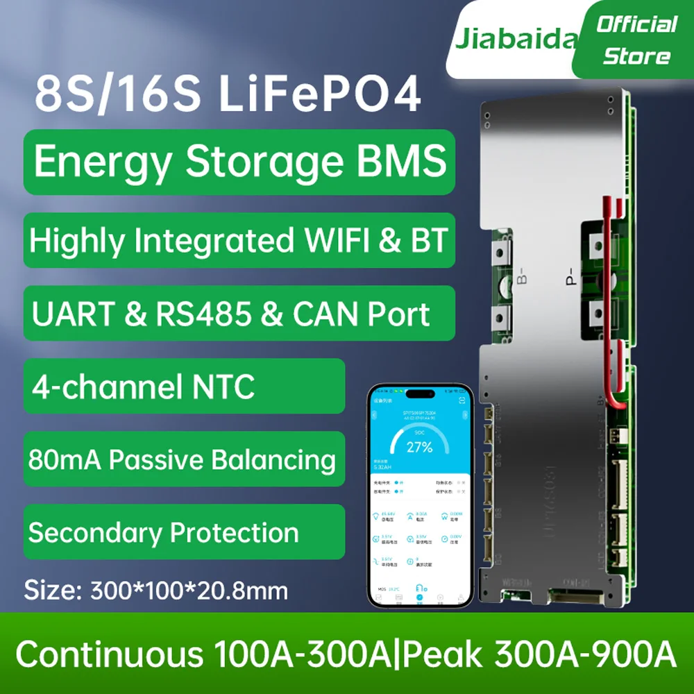Jiabaida Highly Integrated WIFI BT UART 485 CAN 8S 24V 16S 48V 100A 150A 200A 300A ESS Home Residential Energy Storage Smart BMS