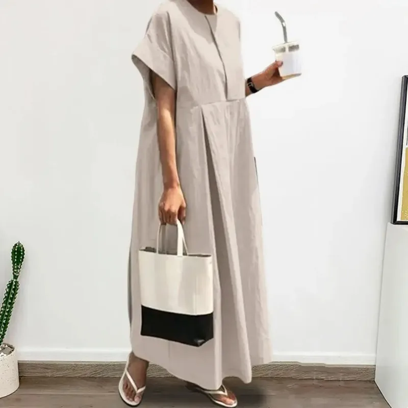 

Cotton Linen Women Casual Dress Summer Vintage Maxi Dress O Neck Short Sleeves Women's Midi Dresses Loose Summer Long Dresses