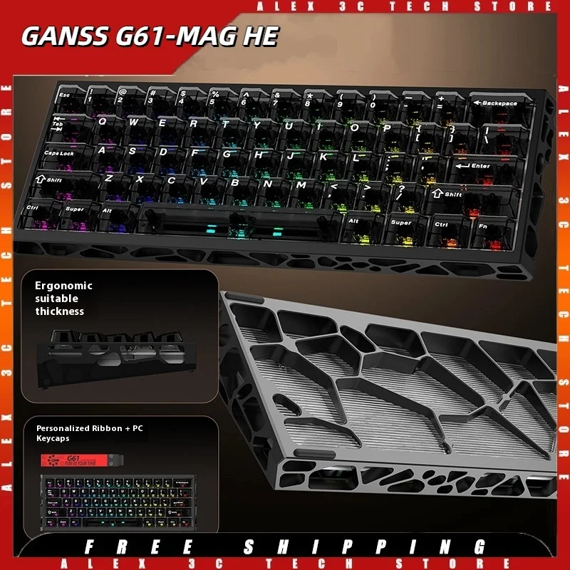 

GANSS G61-MAG HE Игровая клавиатура Полый магнитный переключатель Алюминиевый проводной 8 кГц RT 0,01 мм Колпачки для ПК RGB Gamer Special для WIN MAC